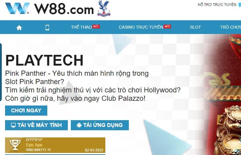 chơi Slot Playtech tại nhà cái W88