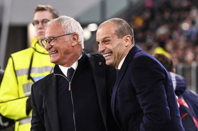 Serie A 2023/2024: Massimiliano Allegri (phải) và Claudio Ranieri trong trận Juventus vs Cagliari tuần 12